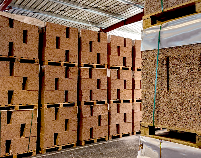Pre-cast hemp blocks stacked ready for installation