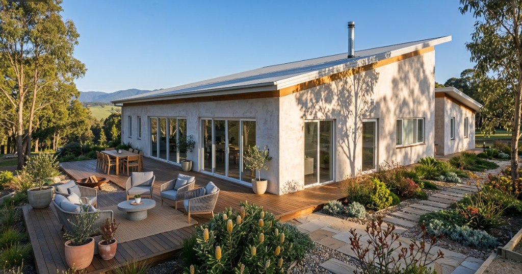 Daylesford hempcrete home exterior with deck, native garden and rural outlook